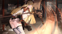 Rule 34 | 1girl, amelia (mahou arms), ass, axe, black panties, blonde hair, blue eyes, box, breasts, cardboard box, expulse, from behind, hairband, highres, holding, holding axe, lolita hairband, long hair, looking at viewer, looking back, mahou arms, medium breasts, panties, red skirt, skirt, solo, thighhighs, underwear, white thighhighs