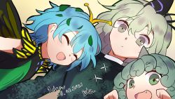 Rule 34 | 3girls, antennae, aqua hair, black headwear, butterfly wings, closed eyes, closed mouth, cross-laced clothes, curly hair, dress, eternity larva, fairy, fang, green dress, green eyes, green hair, hair between eyes, hat, highres, horns, insect wings, izha (seisfleur), juliet sleeves, komano aunn, leaf, leaf on head, long hair, long sleeves, multicolored clothes, multicolored dress, multiple girls, one-hour drawing challenge, open mouth, puffy sleeves, short hair, short sleeves, single horn, single strap, smile, soga no tojiko, tate eboshi, touhou, wings