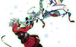 Rule 34 | 1boy, 1girl, ahoge, arc system works, belt, blazblue, braid, cape, coat, couple, detached sleeves, gloves, grey hair, long hair, noran, nu-13, open mouth, ragna the bloodedge, short hair, single braid, trench coat