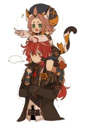 Rule 34 | 1boy, 1girl, animal ear fluff, animal ears, bangs pinned back, carrying, cat ears, cat girl, cat tail, child, crossed arms, diluc (genshin impact), diona (genshin impact), genshin impact, green eyes, hair between eyes, iwashi (iwashi008), kemonomimi mode, piggyback, pink hair, pointing, red eyes, red hair, simple background, tail, white background