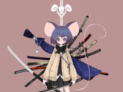 Rule 34 | 1girl, animal ears, blue eyes, blue hair, bow, cardigan, dual wielding, enchi, female focus, holding, katana, matching hair/eyes, mouse ears, mouse tail, original, school uniform, short hair, skirt, smile, solo, sword, tail, vest, weapon, weapon bag