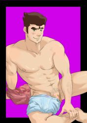 Rule 34 | 1boy, abs, avatar legends, bara, blue boxers, blue male underwear, blush, bolin, boxers, boxers around leg, brown hair, dogephalus, feet out of frame, green eyes, hair strand, leg hair, long sideburns, male focus, male pubic hair, male underwear, male underwear around leg, muscular, muscular male, navel, navel hair, nipples, nose blush, pectorals, pubic hair, short hair, sideburns, smile, solo, stomach, the legend of korra, thighs, topless male, underwear, underwear around leg, underwear only