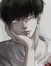 Rule 34 | 1boy, black hair, blood, blood on clothes, blood splatter, chou 808, close-up, ear piercing, empty eyes, hair between eyes, hands on own face, highres, lip piercing, looking to the side, male focus, original, piercing, shirt, simple background, solo, twitter username, white shirt