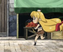 Rule 34 | 00s, 1girl, animated, animated gif, blonde hair, boots, falling, gloves, hat, lisa (seiken no blacksmith), long hair, lowres, midriff, mini hat, pointy ears, rock, running, screencap, seiken no blacksmith, shorts, solo, tears, tripping
