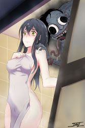 Rule 34 | 1girl, 1other, absurdres, artist name, bath, black hair, covering privates, crossed bangs, dutch angle, eyebrows hidden by hair, ghost, hair between eyes, hand on another&#039;s shoulder, highres, horror (theme), jaal art, long hair, mieruko-chan, monster, naked towel, nude cover, scared, standing, tears, towel, wet, yellow eyes, yotsuya miko