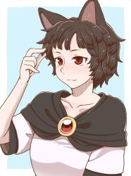 Rule 34 | 1girl, alternate hair length, alternate hairstyle, animal ears, black capelet, blue background, blush, border, brooch, brown hair, capelet, closed mouth, hand up, imaizumi kagerou, jewelry, poronegi, red eyes, shirt, short hair, short sleeves, simple background, smile, solo, touhou, upper body, white border, white shirt, wolf ears