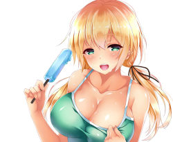 Rule 34 | 1girl, :d, bad id, bad pixiv id, black ribbon, blonde hair, breasts, cleavage, collarbone, food, green eyes, green one-piece swimsuit, hair ribbon, hand on own chest, hands up, holding, holding food, ice cream, large breasts, looking at viewer, low twintails, one-piece swimsuit, open mouth, original, papa nene, ribbon, simple background, smile, solo, sweat, swimsuit, teeth, twintails, upper body, white background