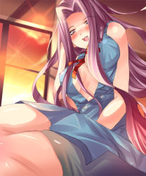 Rule 34 | 00s, 1girl, bare shoulders, blue dress, blush, breasts, center opening, cleavage, dress, drunk, fang, fate/stay night, fate (series), foreshortening, indoors, large breasts, long hair, looking at viewer, matching hair/eyes, medusa (fate), medusa (rider) (fate), nose blush, open mouth, pink eyes, pink hair, purple eyes, purple hair, shiranagi, simple background, sitting, smile, solo, underboob, very long hair, yokozuwari