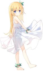Rule 34 | 1girl, bare arms, bare shoulders, barefoot, blonde hair, blue eyes, blush, closed mouth, commentary request, dress, flower girl (yuuhagi (amaretto-no-natsu)), full body, hair between eyes, hair ornament, hairclip, long hair, looking at viewer, looking to the side, one side up, original, pleated dress, see-through silhouette, simple background, sleeveless, sleeveless dress, smile, solo, very long hair, white background, white dress, x hair ornament, yuuhagi (amaretto-no-natsu)