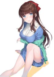 Rule 34 | 1girl, arm support, artist request, bare legs, barefoot, blue dress, blue eyes, blunt bangs, blush, breast hold, breasts, brown hair, dress, female focus, from above, gorilla (perricotento), hair ribbon, highres, large breasts, leg up, long hair, looking at viewer, new game!, off shoulder, parted lips, ponytail, red ribbon, ribbon, short dress, sidelocks, simple background, sitting, solo, takimoto hifumi, wavy hair, white background