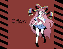 1girl character_name full_body giffany gravity_falls hair_ribbon highres long_hair looking_at_viewer multicolored_ribbon open_mouth pink_eyes pink_hair ribbon ribbon_cable school_uniform shirt short_sleeves sidelocks skirt solo tn_scallion very_long_hair white_shirt