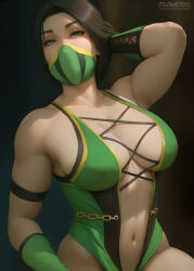 Rule 34 | 1girl, arm behind head, arm up, armband, artist name, bare shoulders, breasts, brown hair, chain, collarbone, commentary, commentary typo, covered erect nipples, cross-laced slit, english commentary, eyelashes, flowerxl, gloves, green eyes, green gloves, green leotard, jade (mortal kombat), large breasts, leotard, looking at viewer, mask, mortal kombat (series), mouth mask, multicolored leotard, navel, paid reward available, parted bangs, patreon username, sleeveless, solo, upper body