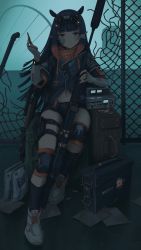 Rule 34 | 1girl, absurdres, ammunition box, bandaid, bandaid on face, blue eyes, blunt bangs, blush, box, cartridge, chain-link fence, elbow gloves, fence, fingerless gloves, flashlight, gloves, goggles, goggles on head, grey gloves, gun, highres, holding, holding gun, holding weapon, hololive, hololive english, knee pads, long hair, looking at viewer, midriff, ninomae ina&#039;nis, paper, parted lips, pointy ears, purple hair, radio, rifle, scope, shoes, short shorts, shorts, sitting, sniper rifle, socks, solo, very long hair, virtual youtuber, weapon, zhvo