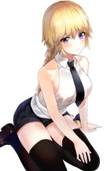 Rule 34 | 1girl, blonde hair, blush, braid, breasts, collarbone, commentary request, fate (series), jeanne d&#039;arc (fate), jeanne d&#039;arc (girl from orleans) (fate), jeanne d&#039;arc (ruler) (fate), kfr, large breasts, long hair, looking at viewer, necktie, purple eyes, shirt, shoes, sitting, skirt, sleeveless, sleeveless shirt, solo, thighhighs, wariza, white background