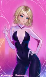 Rule 34 | 1girl, artist name, black bodysuit, blonde hair, blue eyes, bodysuit, breasts, contrapposto, covered navel, cowboy shot, gwen stacy, hand on own hip, hand up, helloimtea, highres, hood, hooded bodysuit, large breasts, looking at viewer, marvel, multicolored background, parted bangs, shiny clothes, short hair, skin tight, smile, solo, spider-gwen, spider-man (series), spider web print, superhero costume, twitter logo, white bodysuit