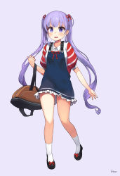 Rule 34 | 1girl, bad id, bad pixiv id, bag, black footwear, blush, full body, hair ribbon, handbag, highres, jehyun, long hair, looking at viewer, new game!, open mouth, purple background, purple eyes, purple hair, ribbon, shoes, simple background, smile, socks, solo, suzukaze aoba, thighs, twintails, very long hair, white socks