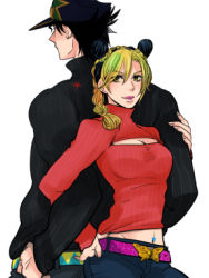 Rule 34 | 1boy, 1girl, back-to-back, belt buckle, black hair, braid, breasts, buckle, cleavage, cleavage cutout, clothing cutout, double bun, father and daughter, green hair, hand in pocket, hand on own hip, hat, jojo no kimyou na bouken, kuujou jolyne, kuujou joutarou, lipstick, locked arms, lowres, makeup, meme attire, multicolored hair, nashime (kasaibutton), navel piercing, piercing, purple lips, star (symbol), two-tone hair