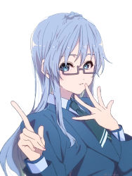 Rule 34 | 1girl, 22/7, amakura 9, blue eyes, blue hair, blush, braid, female focus, glasses, hair ornament, hands up, highres, idol, long hair, looking at viewer, maruyama akane, pale skin, pointing, pointing up, simple background, smile, solo, uniform