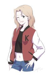 Rule 34 | 10s, 1girl, ;d, alternate costume, artist name, blonde hair, cropped legs, denim, denim shorts, girls und panzer, hand on own hip, jacket, kay (girls und panzer), letterman jacket, long hair, midriff, navel, neiigal, one eye closed, open mouth, shorts, smile, solo, tank top, white background