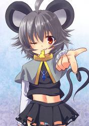 Rule 34 | 1girl, animal ears, cheese, female focus, food, grey hair, midriff, mouse ears, mouse tail, mouth hold, navel, nazrin, one eye closed, panties, pantyshot, skirt, solo, tail, touhou, underwear, upskirt, usa-pom, wink, yellow eyes