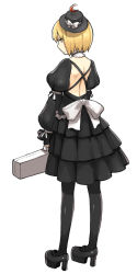 Rule 34 | 1girl, alternate costume, back, backless outfit, bare back, blonde hair, bow, case, choker, dress, expressionless, female focus, from behind, full body, gothic lolita, hat, high heels, highres, holding, large bow, lolita fashion, lunasa prismriver, pantyhose, platform footwear, platform heels, shoes, short hair, simple background, solo, standing, top hat, touhou, yu 65026