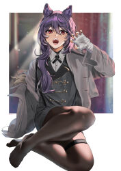 Rule 34 | 1girl, absurdres, animal ear fluff, animal ears, bandaged hand, bandages, black nails, blurry, blurry background, brown pantyhose, claw pose, collared shirt, depth of field, dress shirt, fangs, genderswap, genderswap (mtf), grey jacket, grey vest, hair between eyes, hand up, highres, jacket, kenmochi touko, kenmochi touya, long hair, long sleeves, nail polish, nijisanji, no shoes, open clothes, open jacket, open mouth, pantyhose, purple hair, red eyes, shirt, skindentation, sleeves past fingers, sleeves past wrists, solo, thigh strap, tsumetsume zerii, vest, virtual youtuber, white shirt