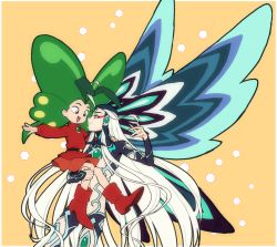 Rule 34 | 1boy, 1girl, :d, antennae, belt, bishounen, black hair, blue eyes, bodysuit, butterfly wings, carrying, cowboy shot, crossover, eye contact, eyeshadow, fate/grand order, fate (series), green hair, insect wings, kagio (muinyakurumi), long hair, looking at another, makeup, multicolored hair, open mouth, orange background, red eyes, red footwear, red shirt, red skirt, shi huang di (fate), shirt, shoes, simple background, skirt, smile, two-tone hair, white hair, wings, yadamon, yadamon (character)