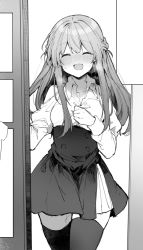 Rule 34 | 1girl, black thighhighs, blouse, blush, braid, breasts, clothed after sex, collarbone, door, doorway, dressing, full-face blush, greyscale, hair between eyes, hickey, ikeuchi tanuma, long hair, medium breasts, monochrome, original, shirt, skindentation, skirt, smile, solo, sweat, thighhighs