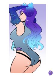 Rule 34 | 1girl, ass, breasts, brighid (water lily) (xenoblade), brighid (xenoblade), closed eyes, cowboy shot, fire, flat color, gloves, grey one-piece swimsuit, highres, long hair, nintendo, one-piece swimsuit, outside border, purple hair, scruffyturtles, simple background, solo, swimsuit, xenoblade chronicles (series), xenoblade chronicles 2