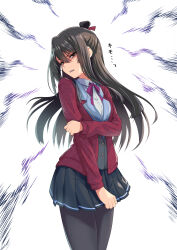 Rule 34 | 1girl, absurdres, acelroiutdh, black hair, black pantyhose, black skirt, brown eyes, brown hair, collared shirt, commentary request, disgust, highres, jacket, koori chikage, lapels, long hair, long sleeves, looking at viewer, neck ribbon, nogi wakaba wa yuusha de aru, open clothes, open jacket, pantyhose, parted lips, pleated skirt, purple ribbon, red jacket, ribbon, shaded face, shirt, sidelocks, skirt, solo, standing, translation request, upper body, v-shaped eyebrows, white shirt, yuusha de aru