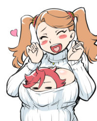 Rule 34 | 10s, 1boy, 1girl, = =, blush stickers, breasts, brown hair, cleavage cutout, clothing cutout, closed eyes, gundam, gundam build fighters, gundam build fighters try, heart, heart in mouth, kamiki sekai, large breasts, meme attire, open-chest sweater, red hair, ribbed sweater, sazaki kaoruko, smile, sweater, turtleneck, twintails, ueyama michirou