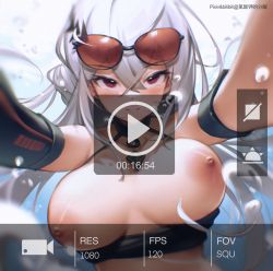 Rule 34 | 1girl, absurdres, air bubble, arknights, bikini, bikini pull, bilibili xiaolu, black bikini, black choker, blush, breasts, breasts out, bubble, chinese commentary, choker, closed mouth, clothes pull, collarbone, commentary request, crossed bangs, eyewear on head, floating hair, hair between eyes, halterneck, highres, huge filesize, large breasts, long hair, looking at viewer, nipples, outstretched arm, red eyes, selfie, silver hair, skadi (arknights), solo, sunglasses, swimsuit, underwater, upper body, viewfinder