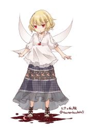 Rule 34 | 1girl, alternate costume, alternate headwear, blonde hair, blouse, character name, contemporary, drill hair, fairy wings, full body, hair ornament, hairclip, highres, jewelry, long skirt, luna child, necklace, puffy sleeves, red eyes, sandals, shirt, short hair, short sleeves, simple background, skirt, solo, text focus, touhou, toutenkou, transparent background, twitter username, white shirt, wings