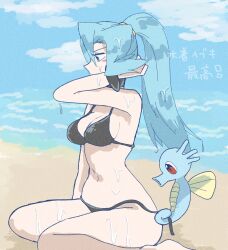 1girl alternate_costume beach bikini blue_hair bracelet choker clair_(pokemon) creatures_(company) game_freak gen_1_pokemon horsea jewelry long_hair navel nintendo ocean outdoors pokemon pokemon_hgss ponytail sand shu_(witb_) side-tie_bikini_bottom sitting solo swimsuit untied_bikini wariza water wet