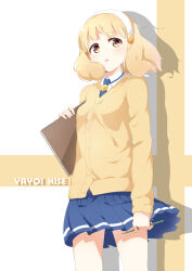Rule 34 | 1girl, blonde hair, blue necktie, blush, character name, collared shirt, drop shadow, hairband, highres, holding, holding pencil, holding sketchbook, kise yayoi, miniskirt, necktie, no nose, open mouth, orange sweater, pencil, pleated skirt, precure, shirt, short hair, sketchbook, skirt, smile precure!, solo, sweater, white hairband, white shirt, yellow eyes, ytyrytyr