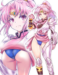 Rule 34 | 1girl, akatsuki akira, armor, ass, breasts, circlet, closed mouth, dragon quest, dragon quest dai no daibouken, fingerless gloves, gloves, gluteal fold, groin, highres, long hair, looking at viewer, maam, medium breasts, parted bangs, pink eyes, pink hair, ponytail, simple background, smile, solo, thighs, white background