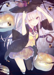Rule 34 | 1girl, ;), black pantyhose, checkered background, cookie, detached collar, fang, flower, food, hair flower, hair ornament, halloween, hat, highres, jack-o&#039;-lantern, la-na, light purple hair, long hair, looking at viewer, one eye closed, original, pantyhose, pumpkin, purple eyes, silver hair, single thighhigh, skirt, smile, solo, thighhighs, wink, witch hat