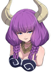 Rule 34 | 1girl, :d, absurdres, aura (sousou no frieren), bare shoulders, blue eyes, braid, breasts, cleavage, close-up, collarbone, commentary request, cropped arms, cropped torso, demon girl, demon horns, eyelashes, gold choker, gold necklace, hair between eyes, highres, horns, jewelry, large breasts, light blush, lips, long hair, looking at viewer, low-braided long hair, low-tied long hair, lower teeth only, multiple braids, necklace, nishizuki shino, open mouth, purple hair, simple background, smile, solo, sousou no frieren, teeth, tsurime, white background