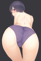 Rule 34 | 1girl, ass, back, bent over, from behind, looking at viewer, mikazuchi zeus, purple eyes, purple hair, short hair, solo, underwear, underwear only