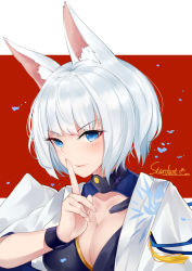 Rule 34 | 1girl, absurdres, animal ears, artist name, azur lane, blue eyes, breasts, cleavage, collarbone, fox ears, highres, index finger raised, kaga (azur lane), large breasts, short hair, silver hair, smile, solo, stardust (chen&#039;ai weiding), upper body, wrist cuffs