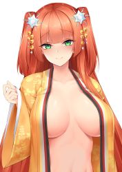 Rule 34 | 1girl, blunt bangs, breasts, chixiao, closed mouth, floral print, green eyes, guoguo (you can eat the girl), hair ornament, head tilt, highres, japanese clothes, kimono, large breasts, long hair, looking at viewer, navel, open clothes, open kimono, orange hair, second-party source, simple background, smile, snowflake hair ornament, solo, two side up, upper body, white background, you can eat the girl