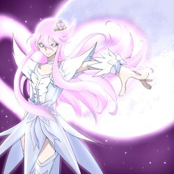 Rule 34 | 10s, 1girl, alternate costume, alternate hair color, boots, bow, brooch, choker, cure moonlight, cure moonlight (super silhouette), dress, eyelashes, flower, gloves, grey eyes, hair ornament, heart, heartcatch precure!, jewelry, long hair, magical girl, moon, pink hair, precure, purple background, ribbon, rose, single glove, sky, smile, solo, sparkle, star (sky), starry sky, super silhouette (heartcatch precure!), thigh boots, thighhighs, tsukikage oyama, tsukikage yuri, waist bow, white dress, white thighhighs, wrist cuffs