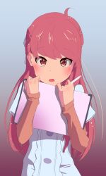 Rule 34 | absurdres, blush, highres, lollipop (9474083), long hair, looking at viewer, notepad, pen, red hair, ribbon, rin (shelter), shelter (song), solo