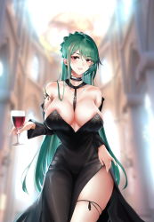 Rule 34 | 1girl, absurdres, areola slip, azur lane, bare shoulders, black dress, blurry, blurry background, breasts, brown eyes, cross, cross necklace, cup, dress, drinking glass, green hair, grey hair, highres, holding, holding cup, huge breasts, indoors, jewelry, littorio (calabria aurea) (azur lane), long dress, long hair, looking at viewer, multicolored hair, necklace, neckwear between breasts, smile, solo, tango (jjsw4524), thighs, very long hair, wine glass