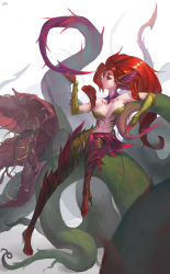 Rule 34 | 1girl, absurdres, bare shoulders, eyeshadow, fingernails, high heels, highres, league of legends, lim donghyun, long fingernails, long hair, makeup, navel, plant, purple eyeshadow, red hair, red lips, signature, sitting, solo, vines, yellow eyes, zyra