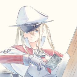 Rule 34 | 10s, 1girl, anchor, black gloves, blonde hair, blue eyes, breasts, capelet, card, celtic knot, closed mouth, commentary, cross, gloves, graf zeppelin (kancolle), grey eyes, hair between eyes, hair over shoulder, hat, holding, holding card, impossible clothes, iron cross, kantai collection, large breasts, machinery, military, military hat, military uniform, necktie, nogiguchi kohiro, peaked cap, rigging, sidelocks, simple background, smile, solo, twintails, twitter username, uniform, upper body, white hat