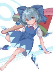 Rule 34 | 1girl, absurdres, barefoot, blue bow, blue dress, blue eyes, blue hair, bow, circled 9, cirno, commentary, detached sleeves, dress, food, fruit, full body, hair bow, highres, ice, ice wings, looking at viewer, open mouth, pixel art, popsicle, r utchi, short hair, short sleeves, solo, touhou, v-shaped eyebrows, watermelon, watermelon bar, watermelon slice, white background, wings