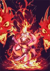 Rule 34 | &gt;:o, 1girl, :o, bare shoulders, blade, blonde hair, breasts, cleavage, earrings, facial mark, fangs, fate/grand order, fate (series), fire, full body, hand on own hip, highres, horns, ibaraki douji (fate), japanese clothes, jewelry, kameponde, kimono, long hair, off shoulder, oni, open mouth, orange eyes, solo, tattoo, v-shaped eyebrows