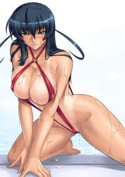 Rule 34 | 00s, 1girl, arm support, black hair, blush, breasts, covered erect nipples, green eyes, huge breasts, igawa asagi, kagami hirotaka, kneeling, long hair, looking at viewer, one-piece swimsuit, one-piece tan, parted lips, pool, poolside, red one-piece swimsuit, slingshot swimsuit, solo, spread legs, swimsuit, taimanin (series), taimanin asagi, tan, tanline, v arms, wet, wet hair