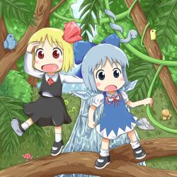 Rule 34 | 2girls, bird, blonde hair, blue eyes, blue hair, blush stickers, bow, bush, chibi, cirno, dress, fern, forest, hair bow, hair ribbon, hand on forehead, leg lift, mary janes, mihune, multiple girls, mushroom, nature, open mouth, plant, red eyes, ribbon, rock, rumia, shoes, short hair, skirt, skirt set, snake, touhou, branch, vines, water, waterfall, wings